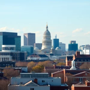 View of Boston city skyline with statehouse