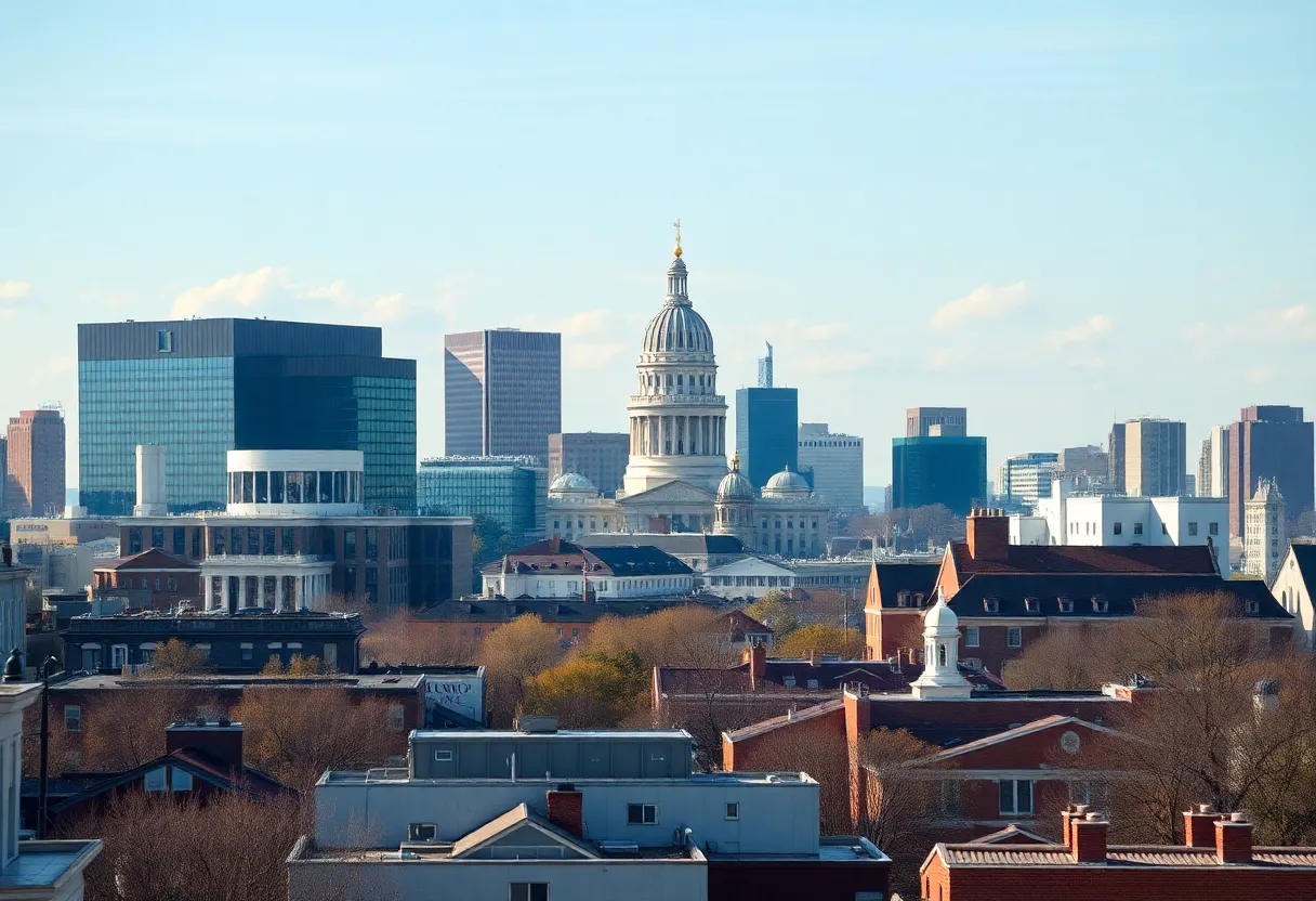 View of Boston city skyline with statehouse