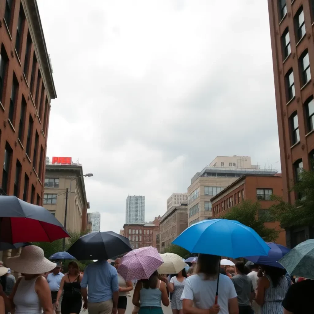 Cloudy summer day in Boston with people preparing for rain