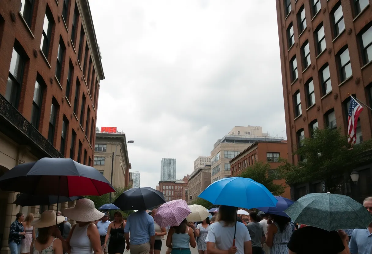 Cloudy summer day in Boston with people preparing for rain