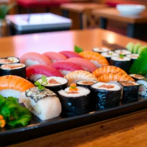 A beautiful sushi platter with assorted sushi types served in a Boston restaurant