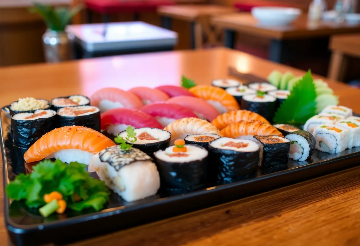 A beautiful sushi platter with assorted sushi types served in a Boston restaurant