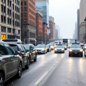 Boston street scene featuring self-driving cars in winter conditions