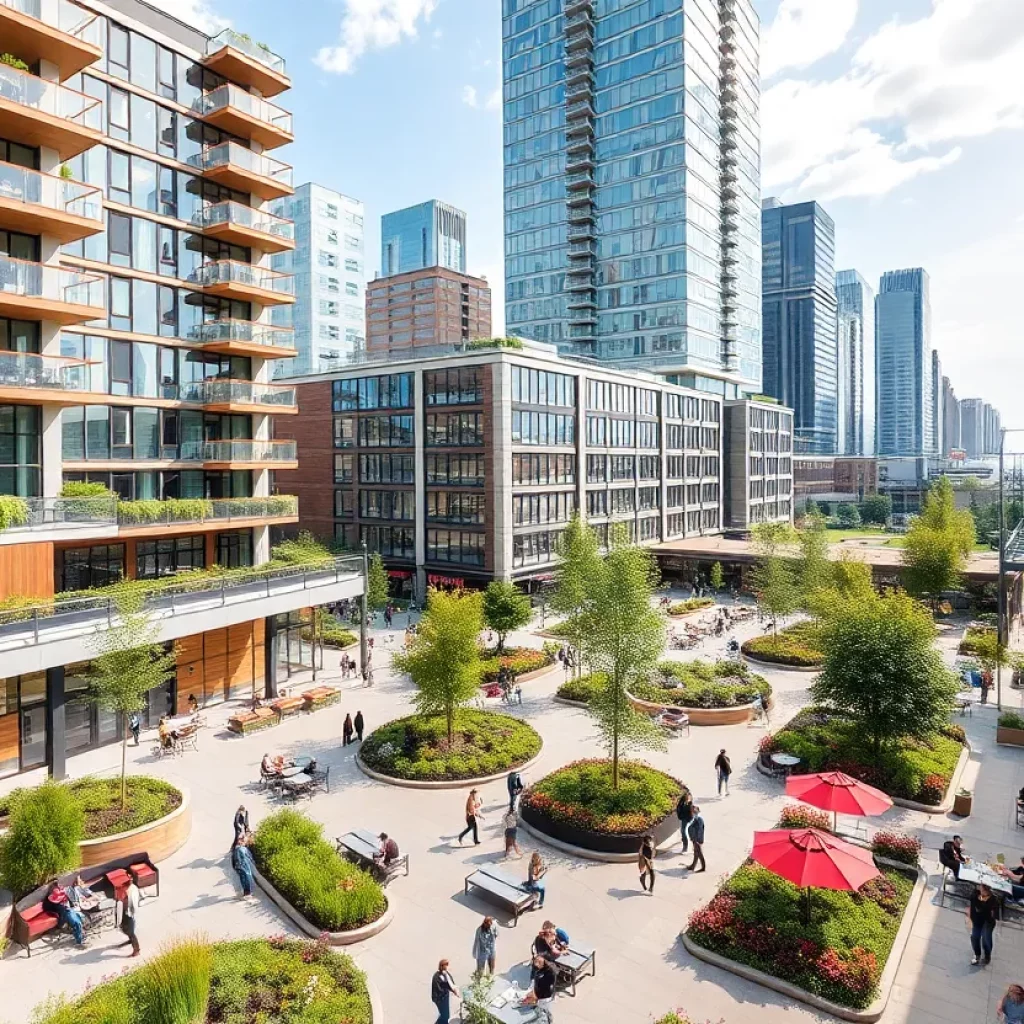 A view of Boston's modern urban landscape with mixed-use buildings and lively public spaces.