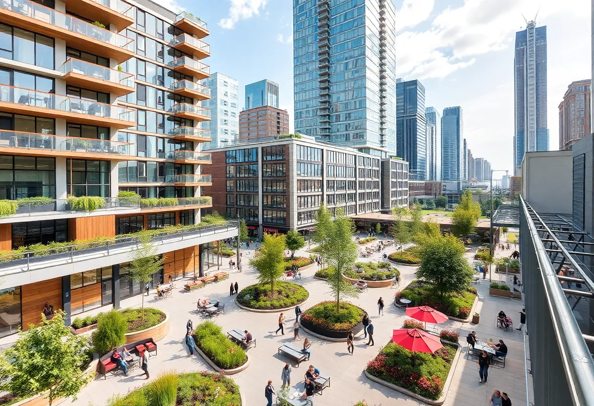 A view of Boston's modern urban landscape with mixed-use buildings and lively public spaces.