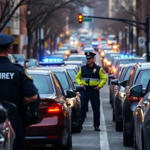 Boston street with parked cars and police monitoring