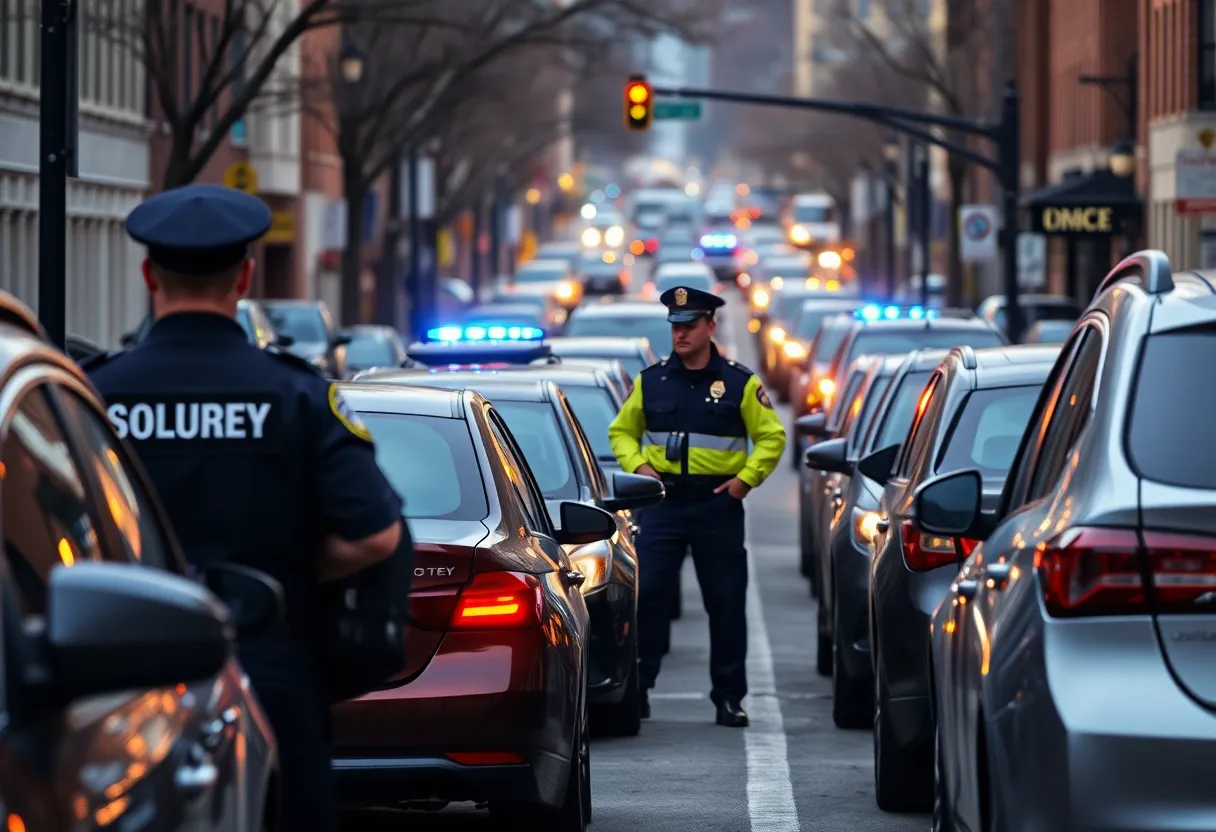 Boston street with parked cars and police monitoring
