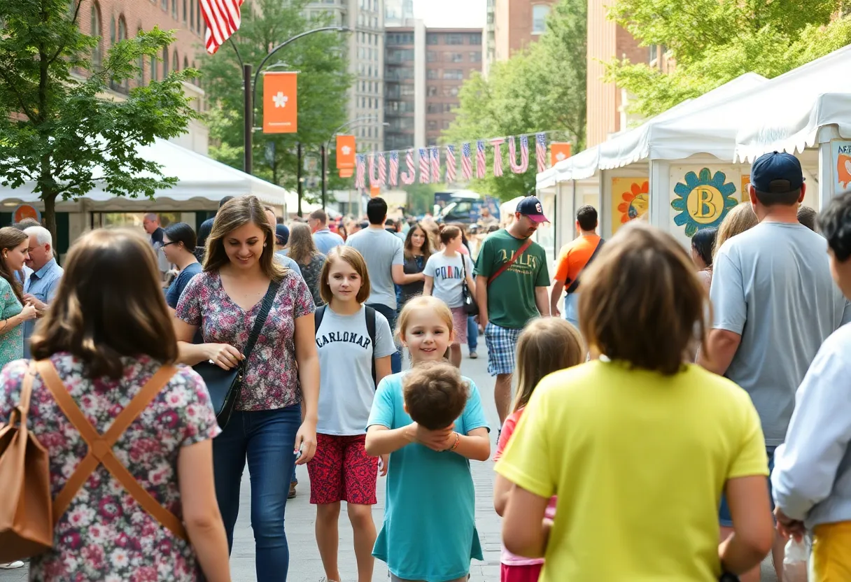 Families enjoying the Boston weekend festival with arts and music.