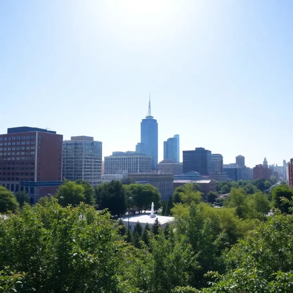 Sunny day in Boston with clear skies and greenery