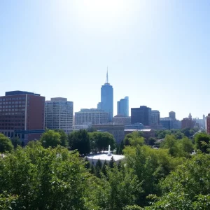 Sunny day in Boston with clear skies and greenery