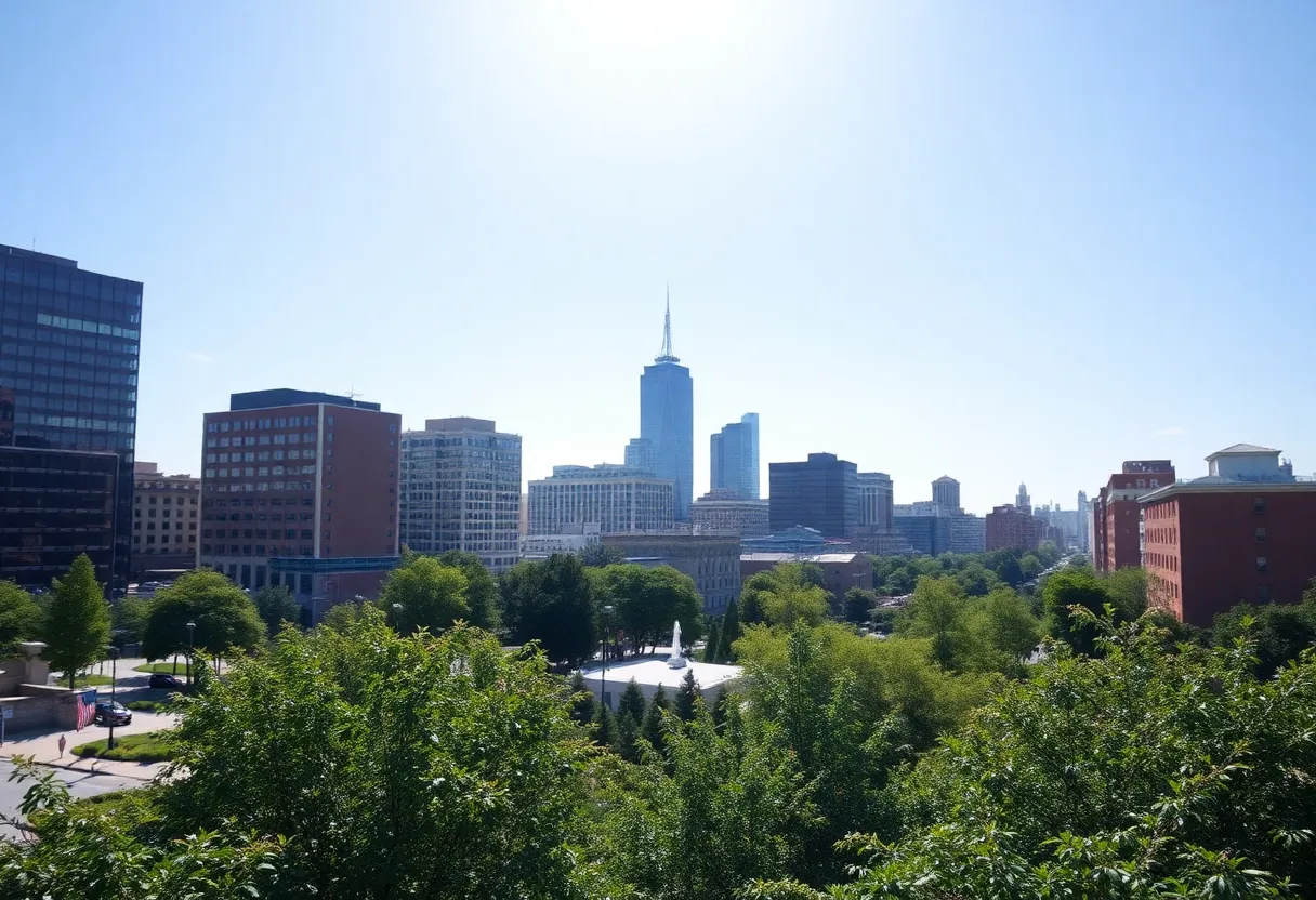 Sunny day in Boston with clear skies and greenery