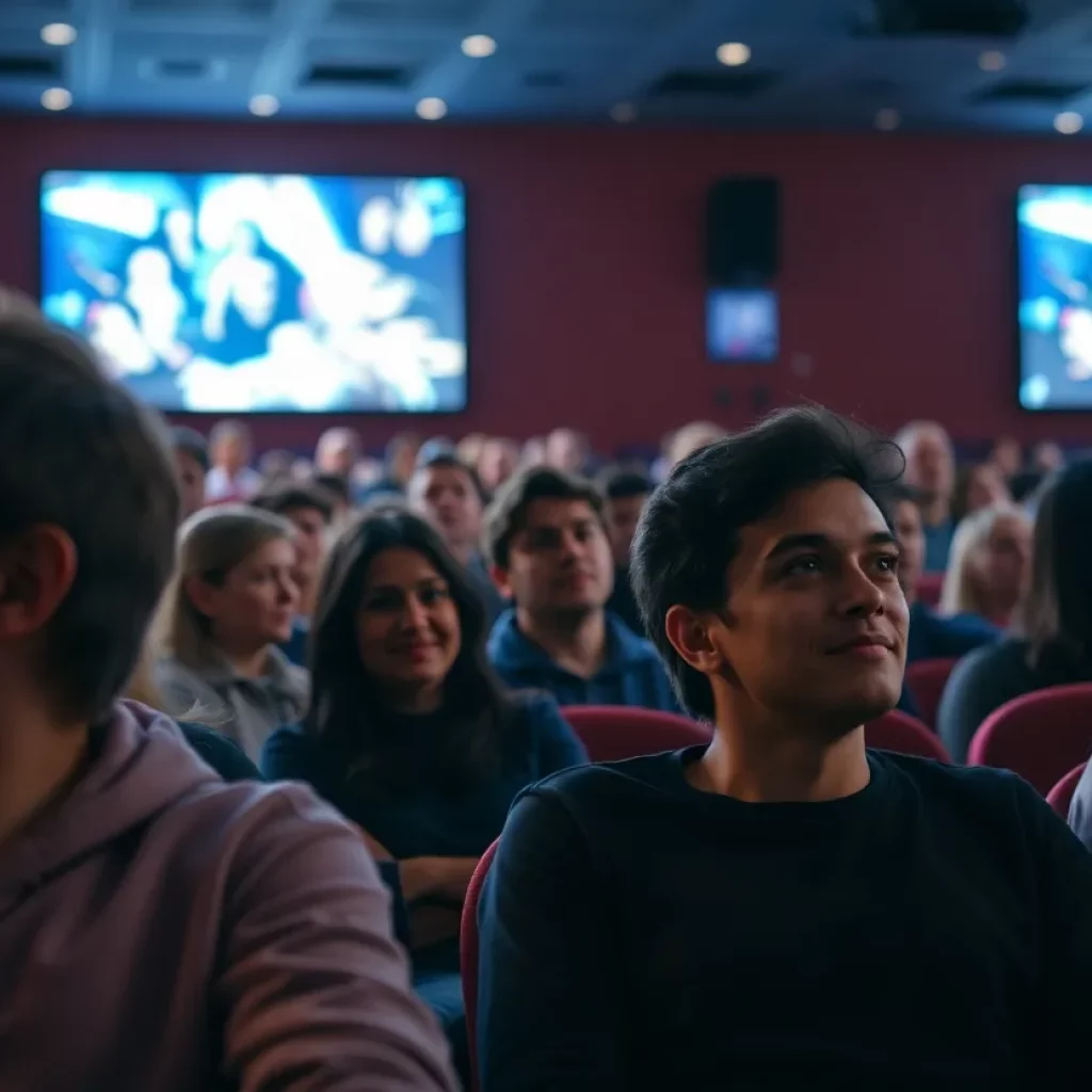 Inside view of a movie theater with patrons, illustrating a vibrant atmosphere.