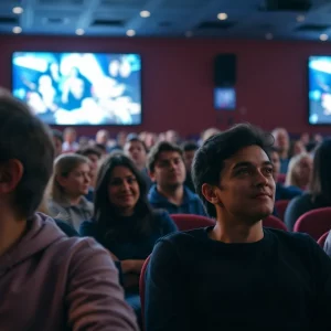 Inside view of a movie theater with patrons, illustrating a vibrant atmosphere.