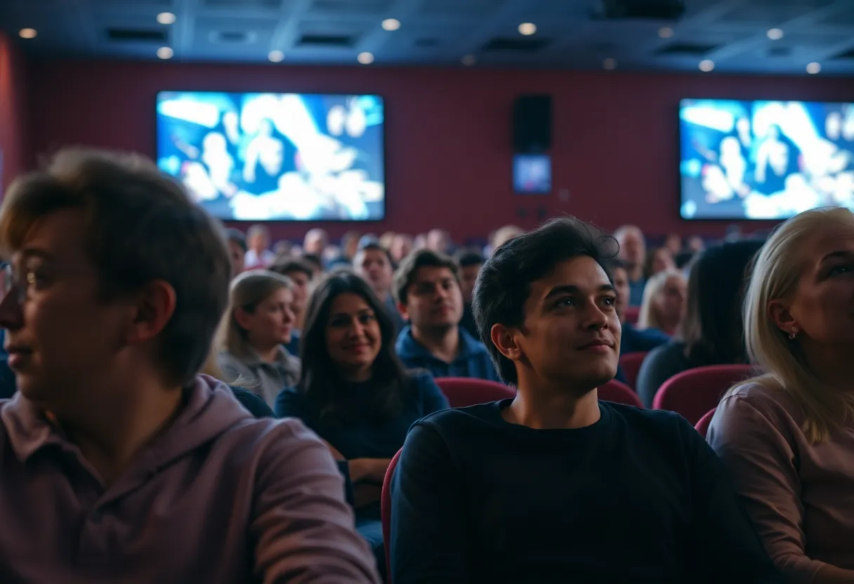 Inside view of a movie theater with patrons, illustrating a vibrant atmosphere.