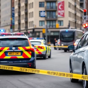 Police vehicles at a traffic stop on a city street