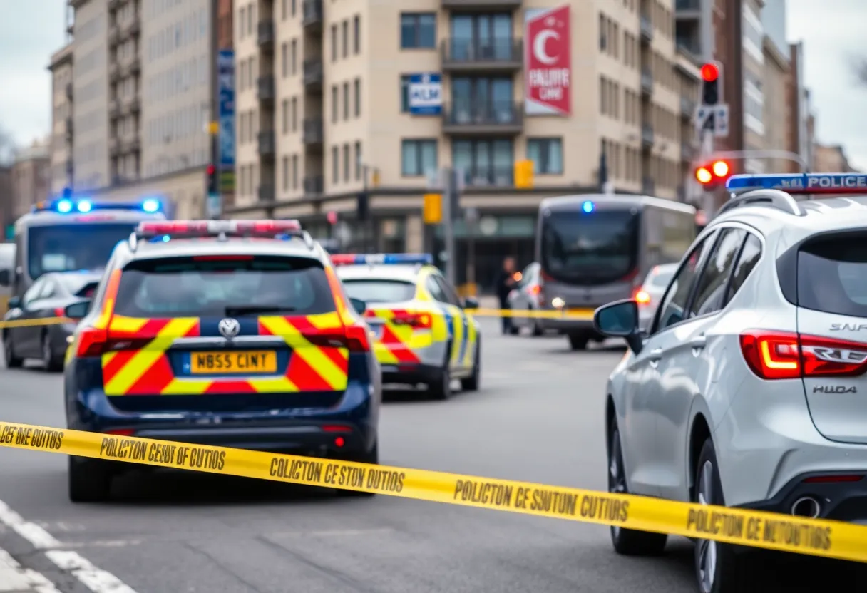 Police vehicles at a traffic stop on a city street