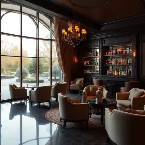 Interior view of an elegant lounge with plush seating and a garden view