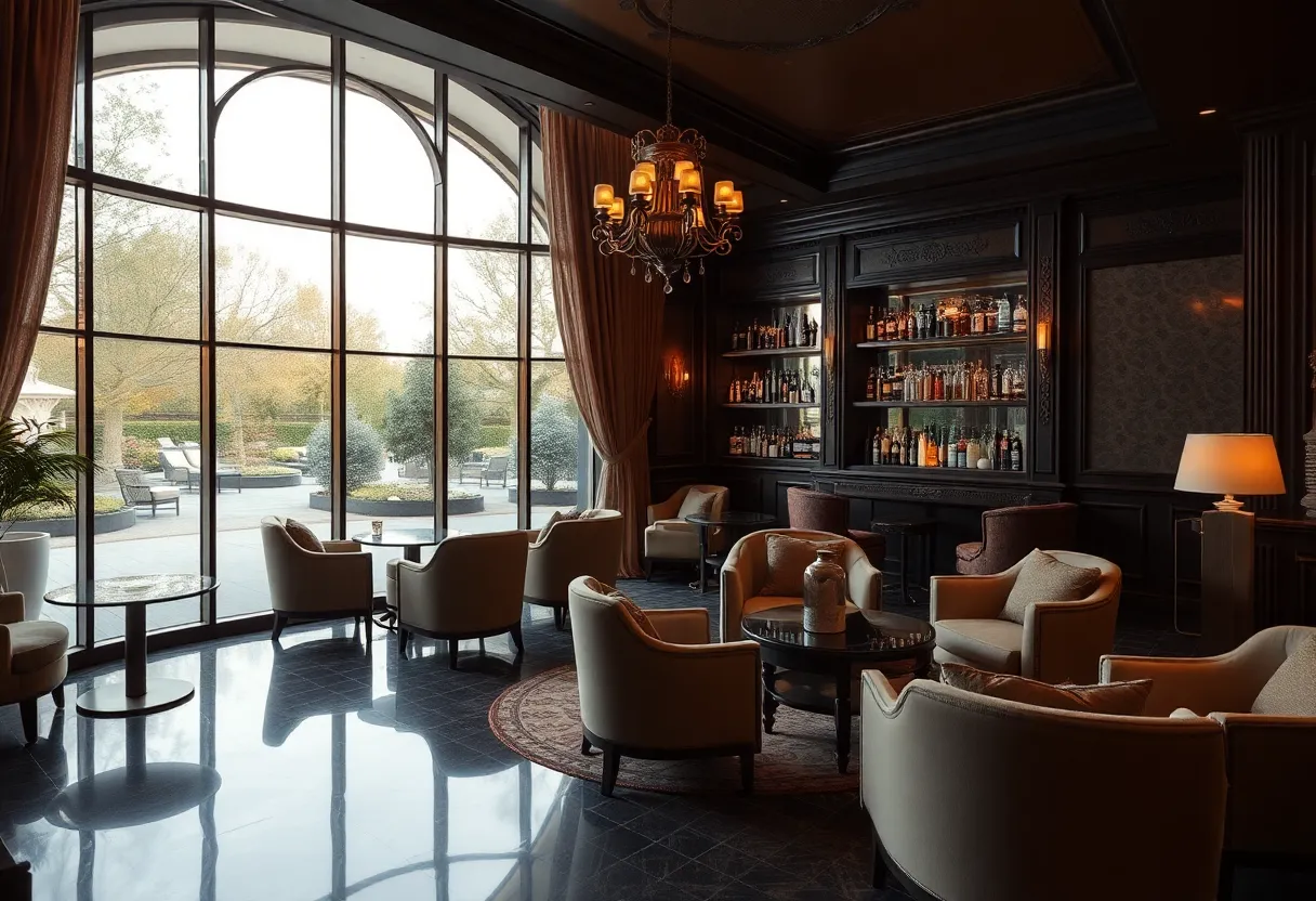 Interior view of an elegant lounge with plush seating and a garden view