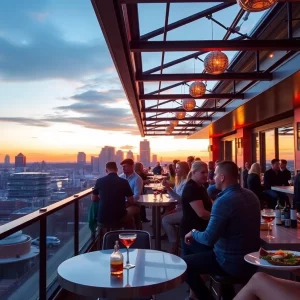 Guests enjoying drinks at Bubble Bath rooftop bar with Boston skyline view