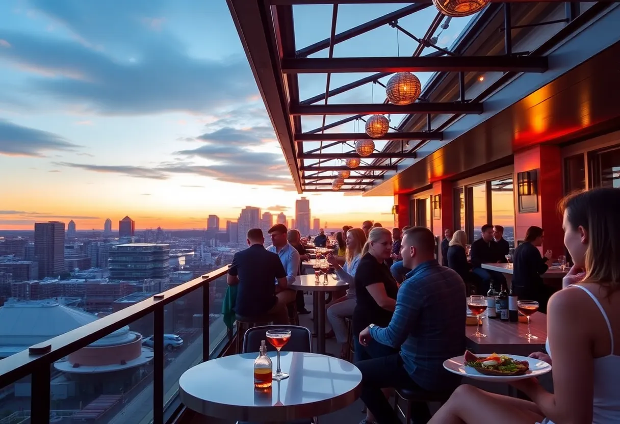 Guests enjoying drinks at Bubble Bath rooftop bar with Boston skyline view