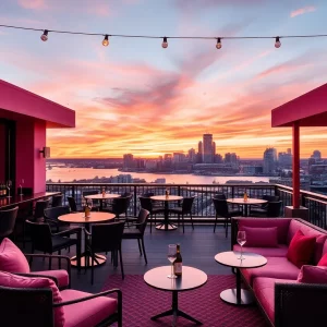 Rooftop view of Bubble Bath wine bar with skyline and river