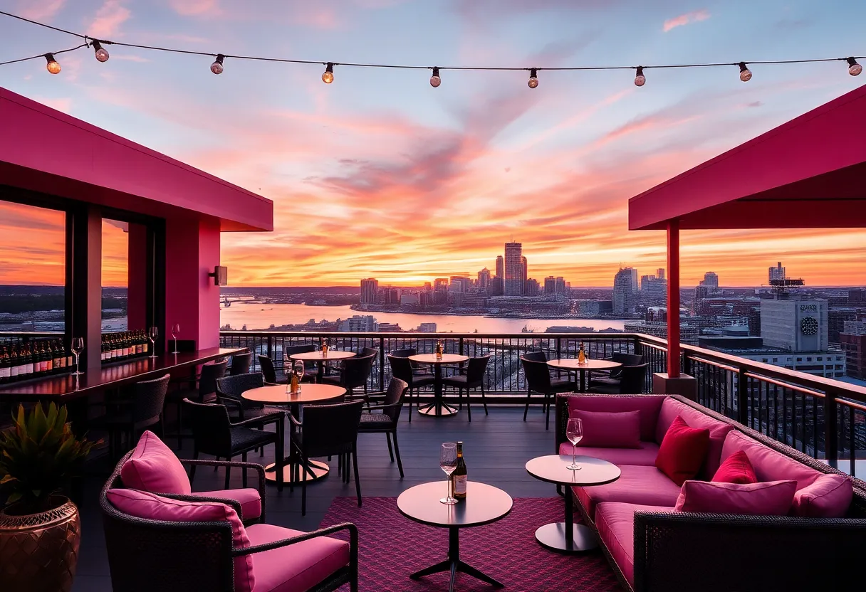 Rooftop view of Bubble Bath wine bar with skyline and river