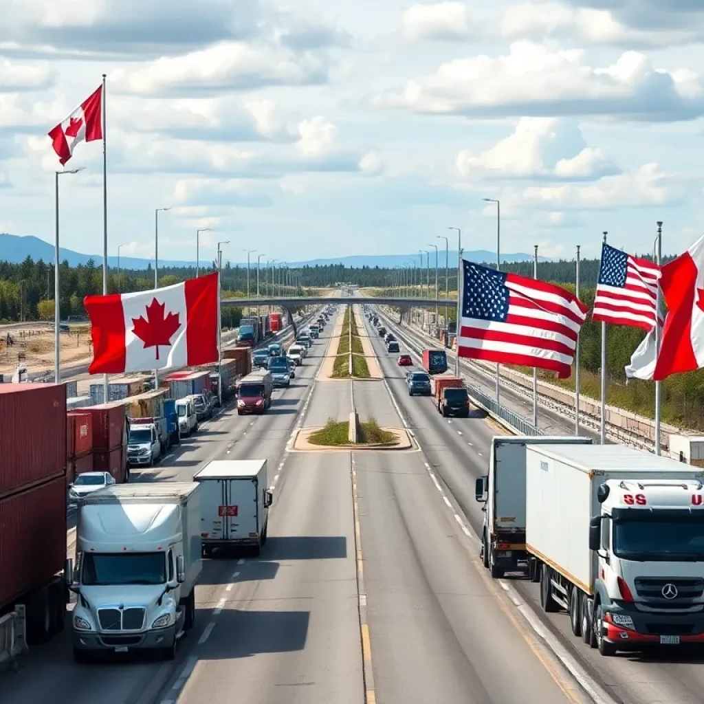 Trade route between Canada and the U.S. with flags and shipping containers.