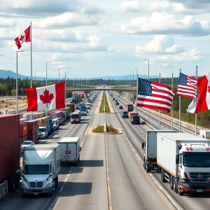 Trade route between Canada and the U.S. with flags and shipping containers.
