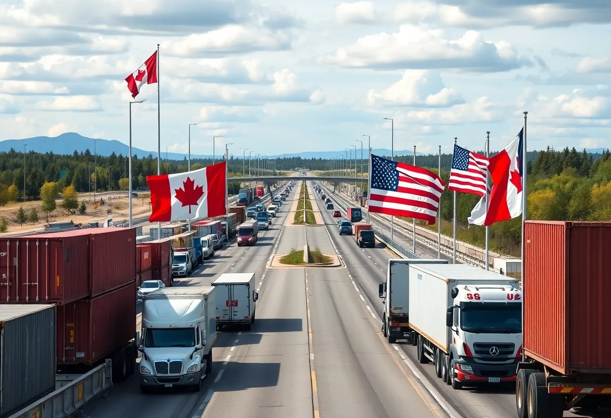 Trade route between Canada and the U.S. with flags and shipping containers.