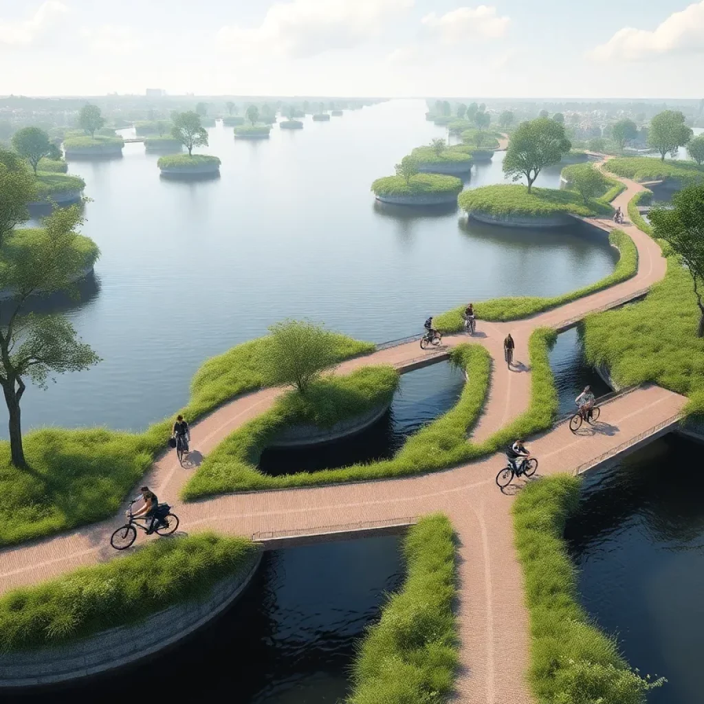 Concept illustration of a car-free connection over the Charles River with cyclists and pedestrians.
