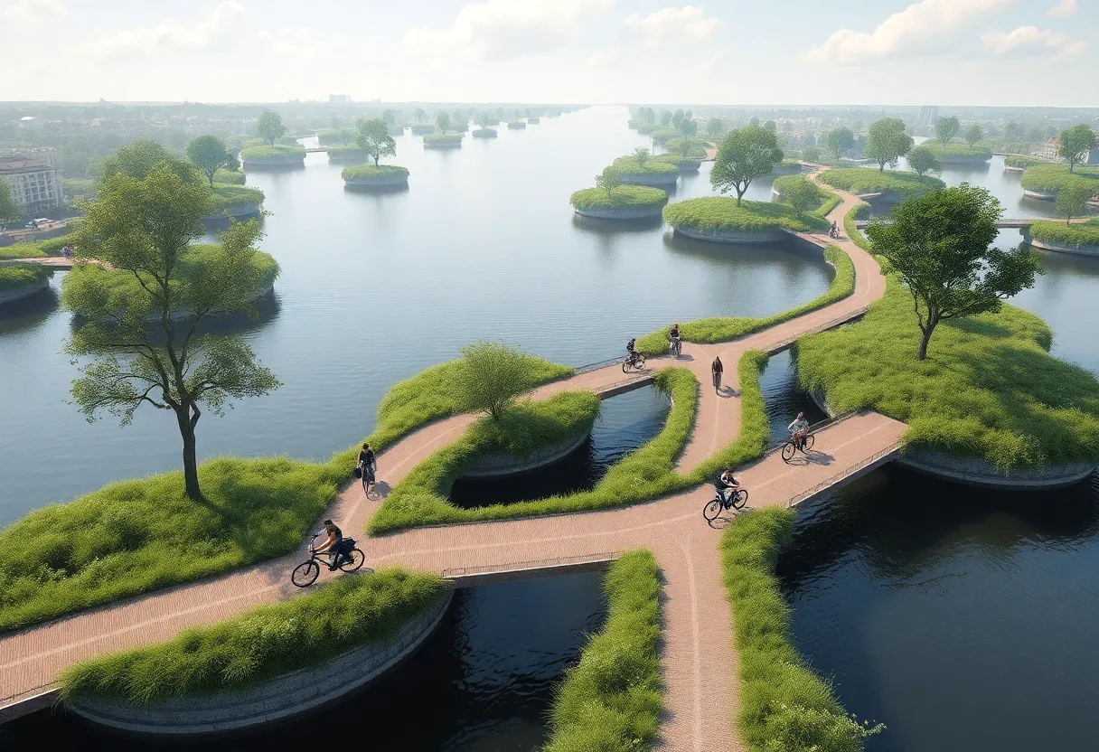 Concept illustration of a car-free connection over the Charles River with cyclists and pedestrians.