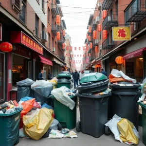 Chinatown street in Boston showing overflowing trash bins outside restaurants.