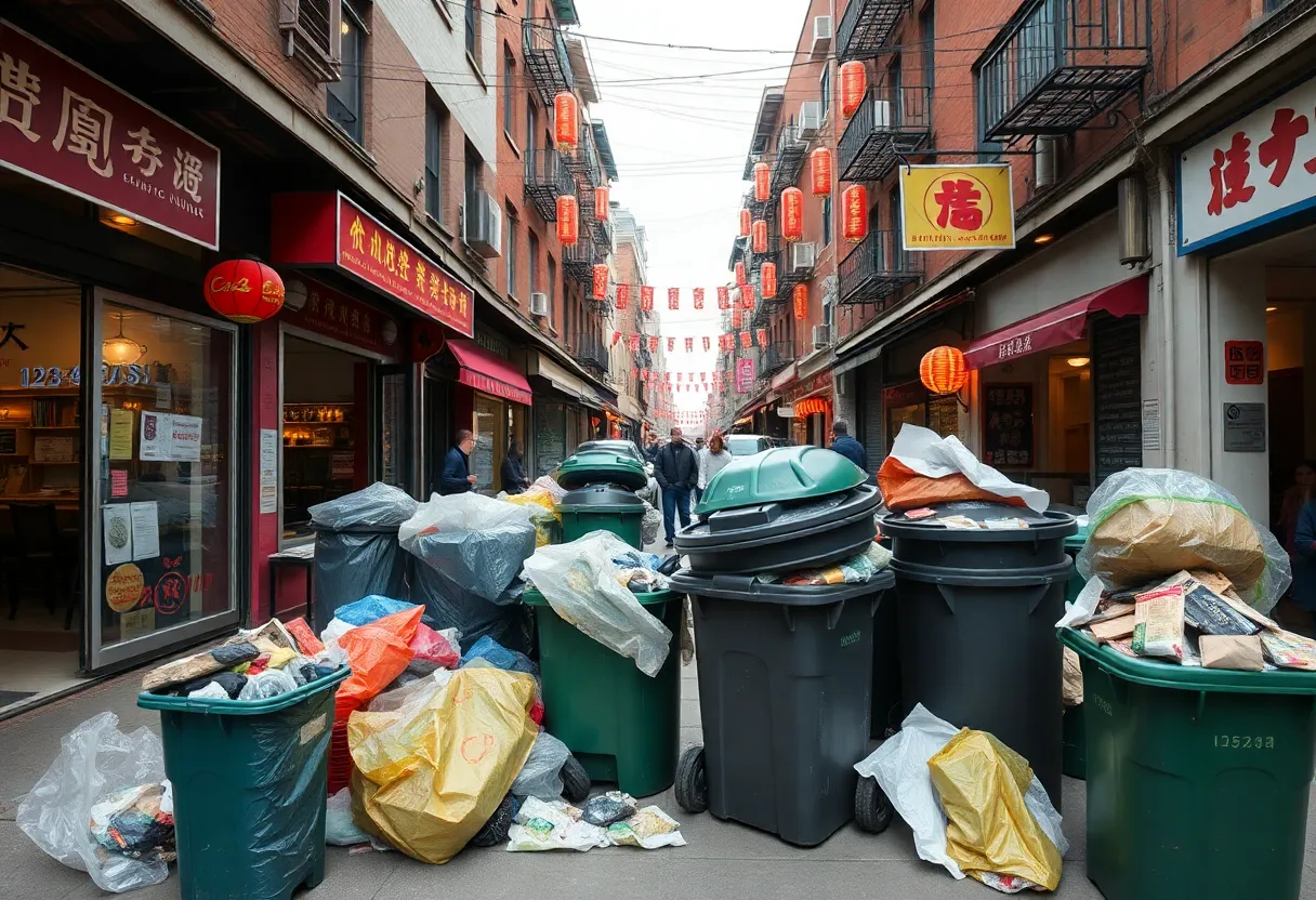 Chinatown street in Boston showing overflowing trash bins outside restaurants.