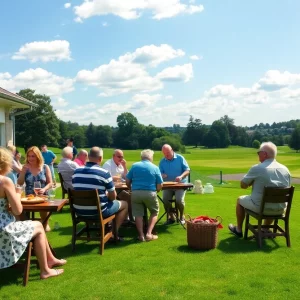 Gathering of former classmates at a golf club reunion