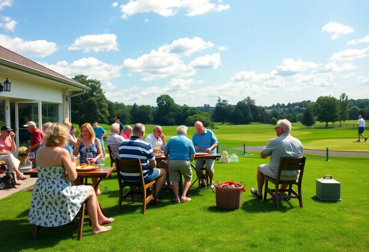 Gathering of former classmates at a golf club reunion