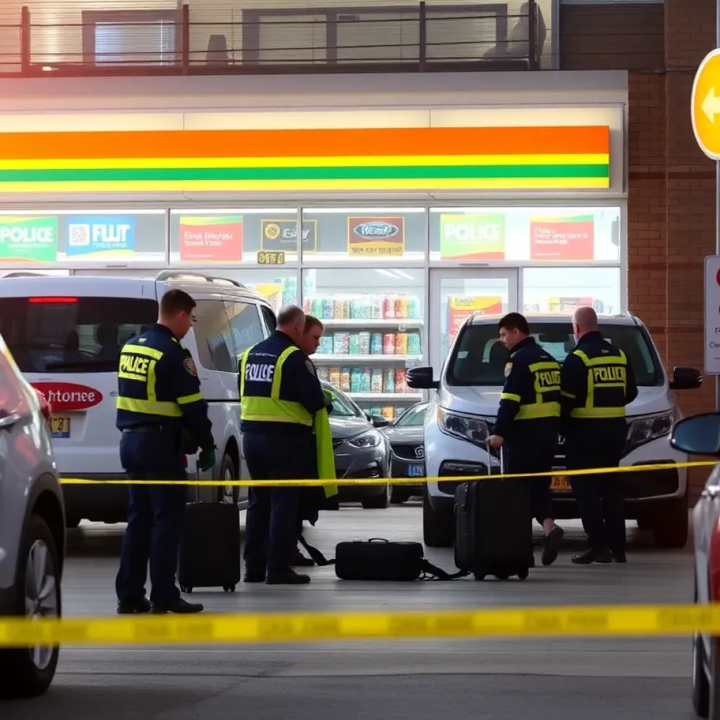 Emergency responders at a convenience store evaluating a suspicious suitcase.