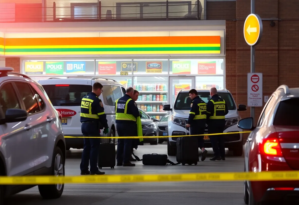 Emergency responders at a convenience store evaluating a suspicious suitcase.