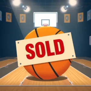 Illustration of a basketball court with sold sign symbolizing sports team sale.