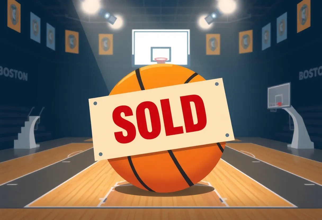 Illustration of a basketball court with sold sign symbolizing sports team sale.