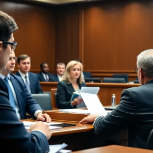 A courtroom during a hearing with legal professionals present