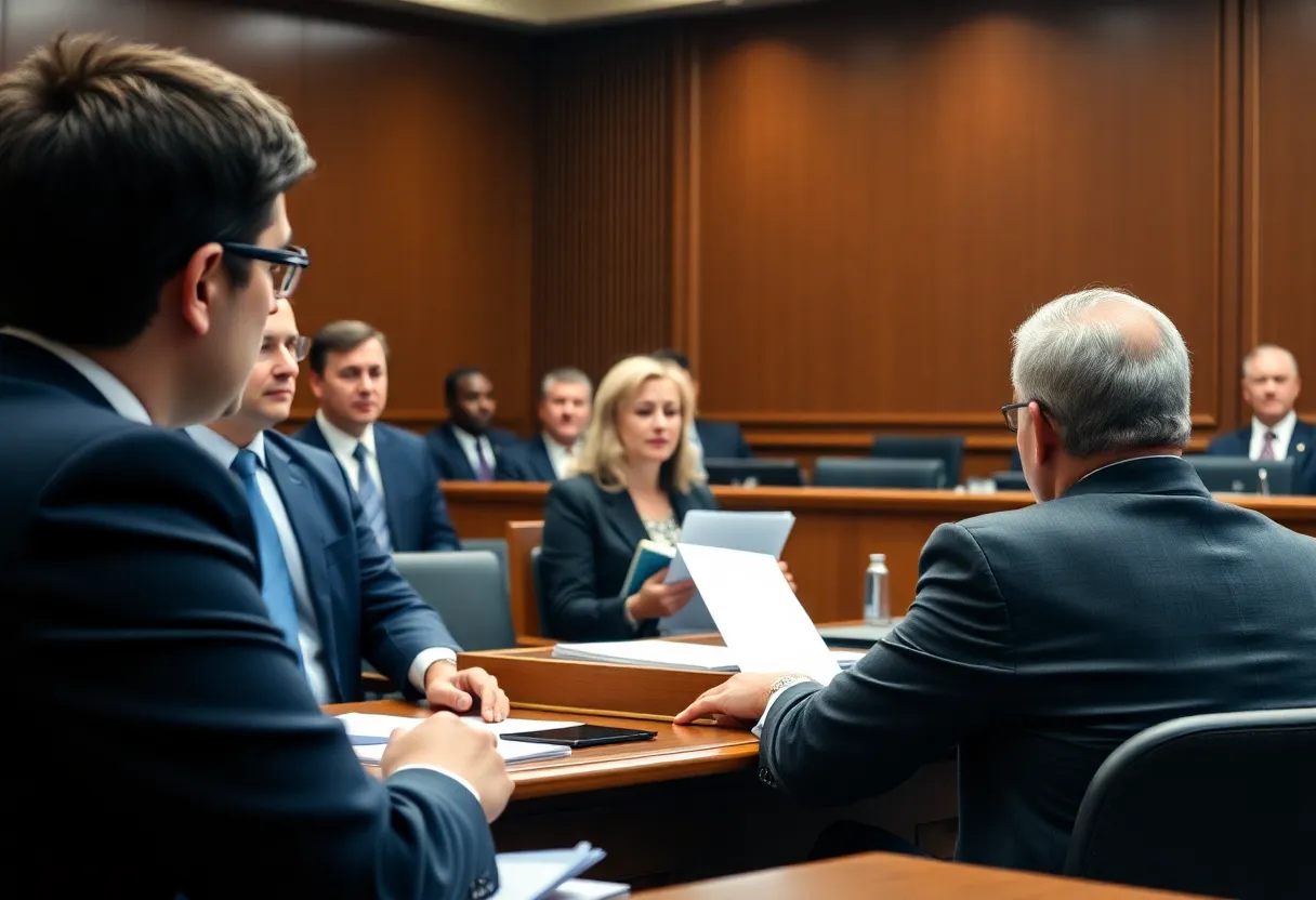 A courtroom during a hearing with legal professionals present