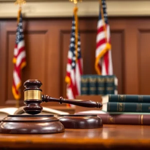 A courtroom with legal symbols and discussions on juror bias.