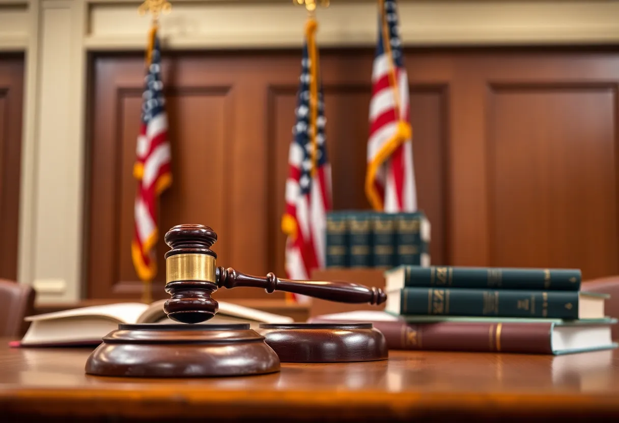 A courtroom with legal symbols and discussions on juror bias.