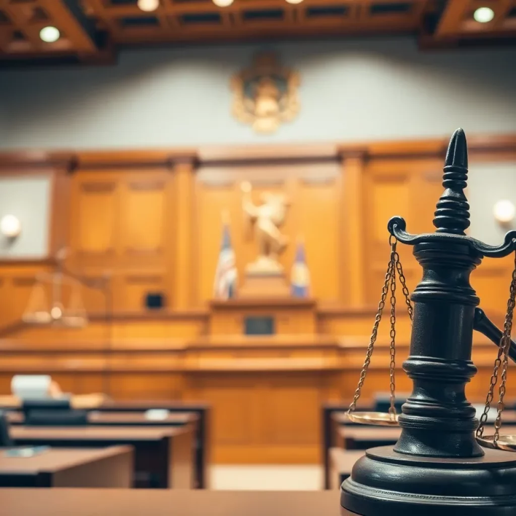 Inside a courtroom with judges and legal symbols