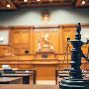 Inside a courtroom with judges and legal symbols