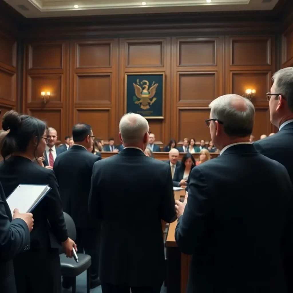 Busy courtroom with advocates and defendants during a work stoppage