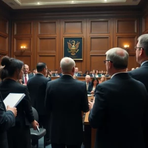 Busy courtroom with advocates and defendants during a work stoppage