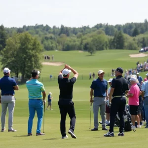 Professional golfers competing at Mississaugua Golf and Country Club during the CPKC Open