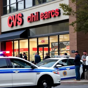 Police presence outside a CVS pharmacy after an armed robbery