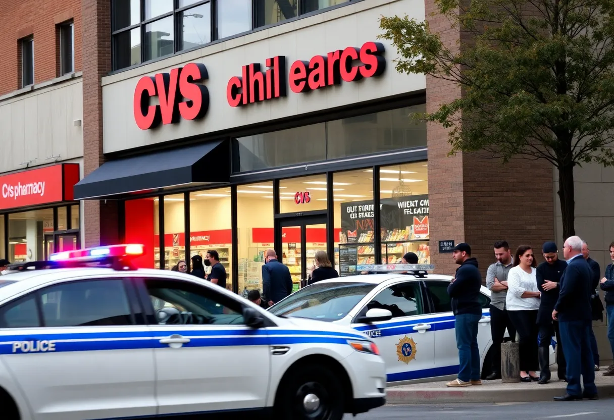 Police presence outside a CVS pharmacy after an armed robbery